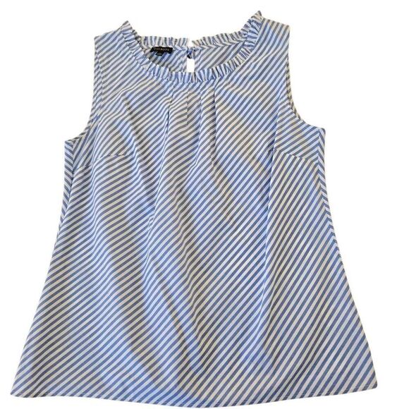 Talbots Womens Sea Breeze Blue White Ruffle Neck Cotton Sleeveless Top Small - Picture 3 of 10